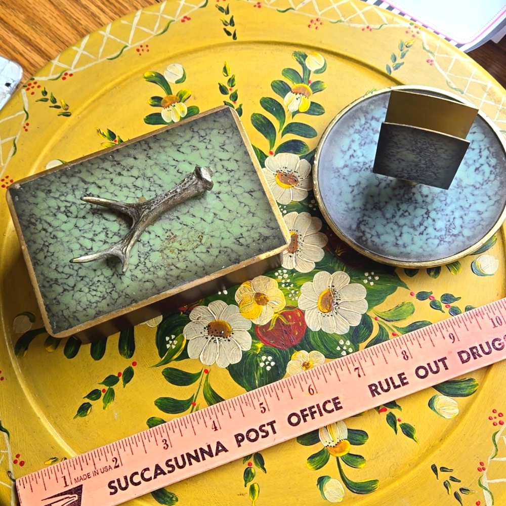 Primitive Antique Wooden & Metal Lidded 5  x 3 1/2  ANTLER